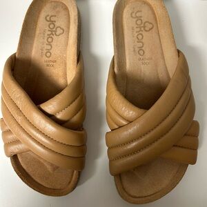 Yokono Padded Leather Cork Bottom Slide Sandals Tan Sz 8.5 Made in Spain Boho